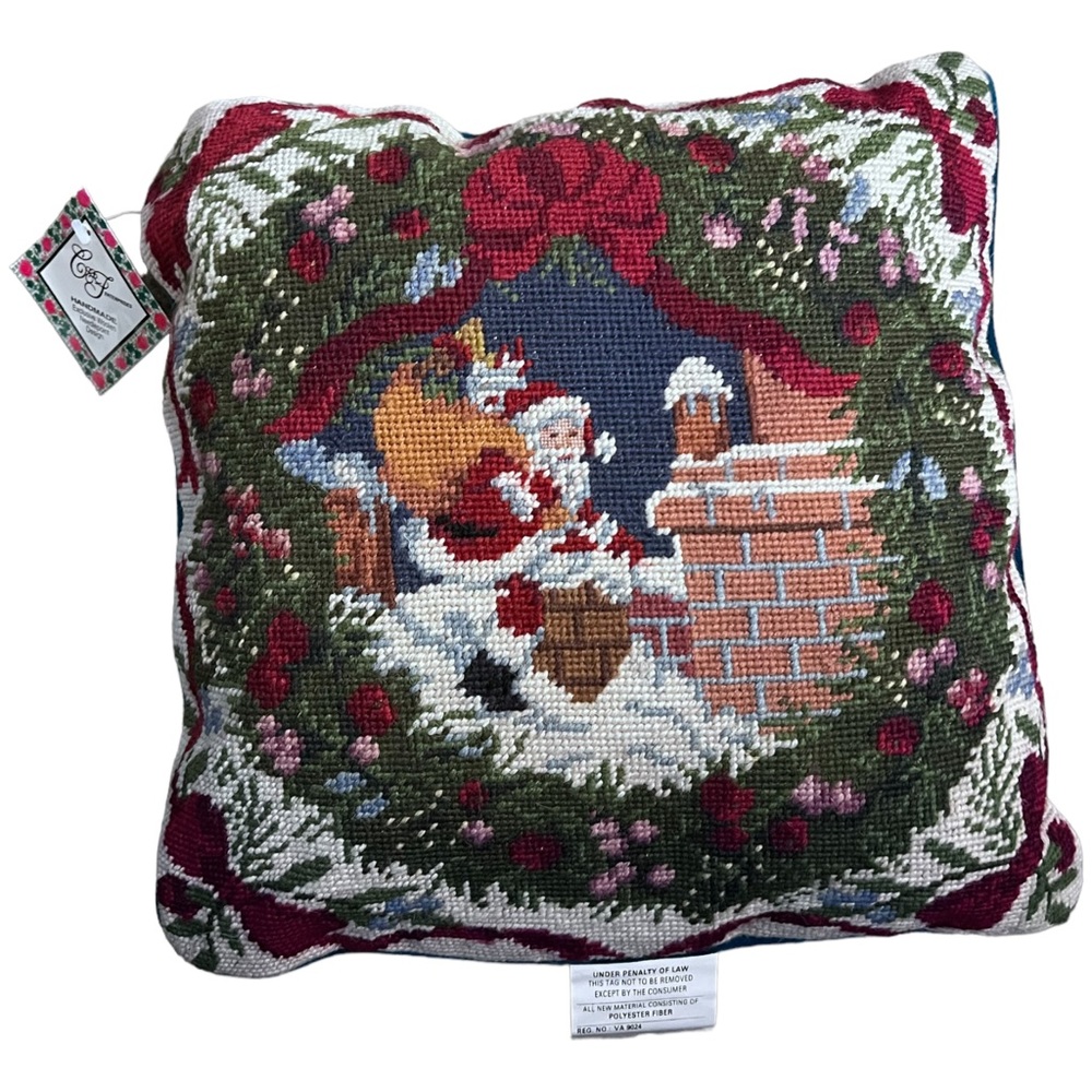 C&F Enterprises Wool Needle Point Throw Pillow Santa Christmas Chimney Wreath